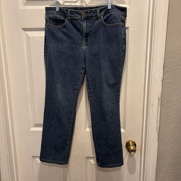 NYDJ Marilyn Straight‎ Jeans Womens 14 Petite Medium Wash Lift Tuck Tech Stretch - Picture 1 of 12